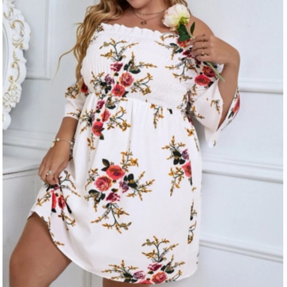 Boho floral print shirred off shoulder dress - Picture 5 of 5